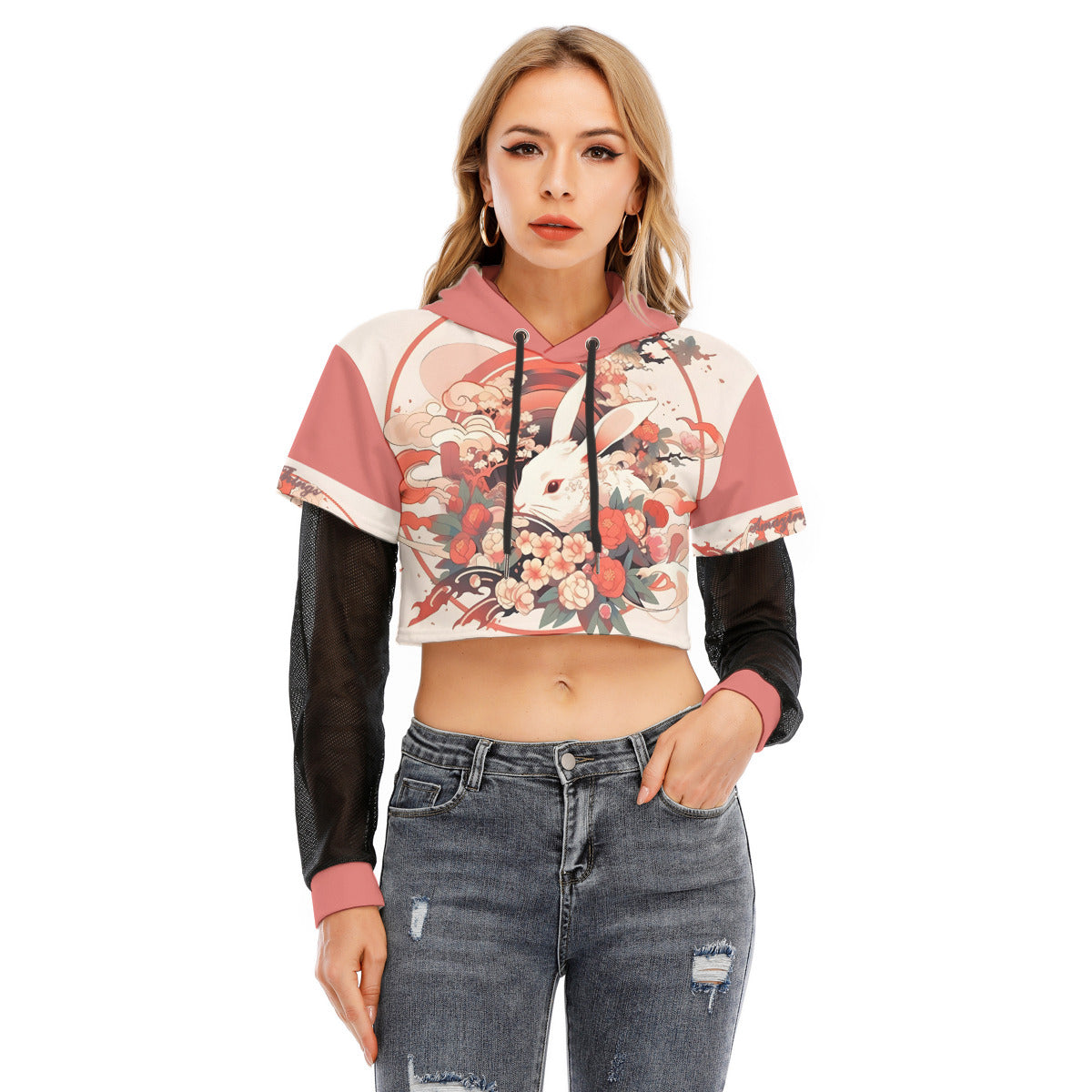 All-Over Print Women's Fake Two-piece Mesh Sleeve Cropped Hoodie
