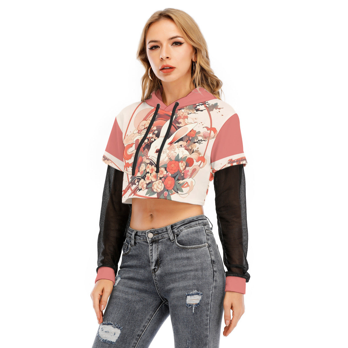 All-Over Print Women's Fake Two-piece Mesh Sleeve Cropped Hoodie