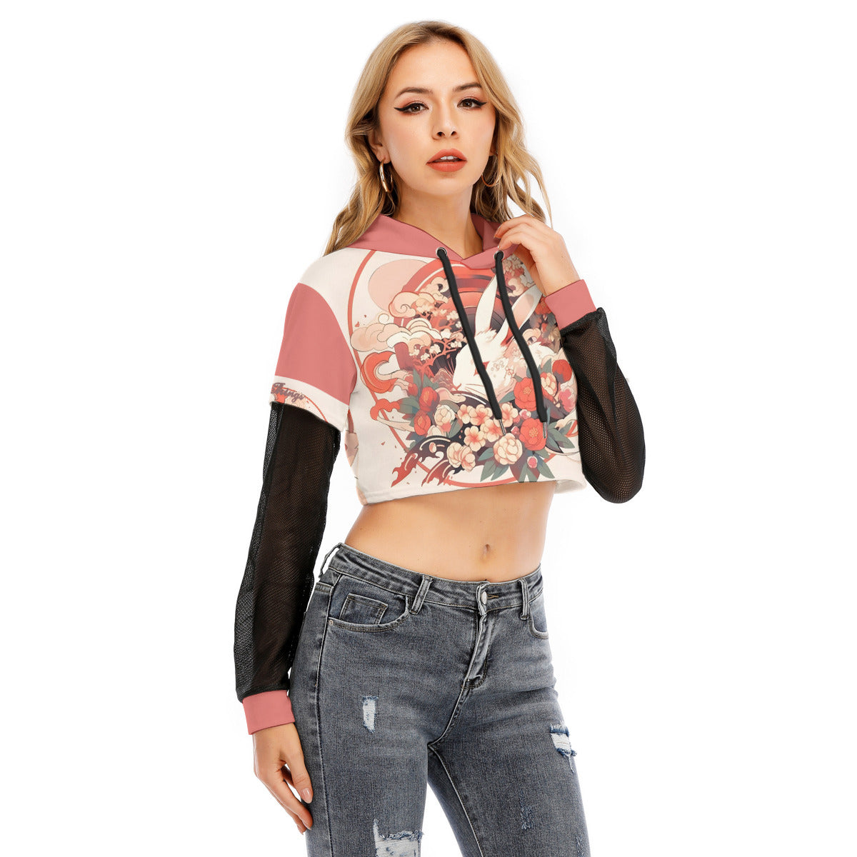 All-Over Print Women's Fake Two-piece Mesh Sleeve Cropped Hoodie