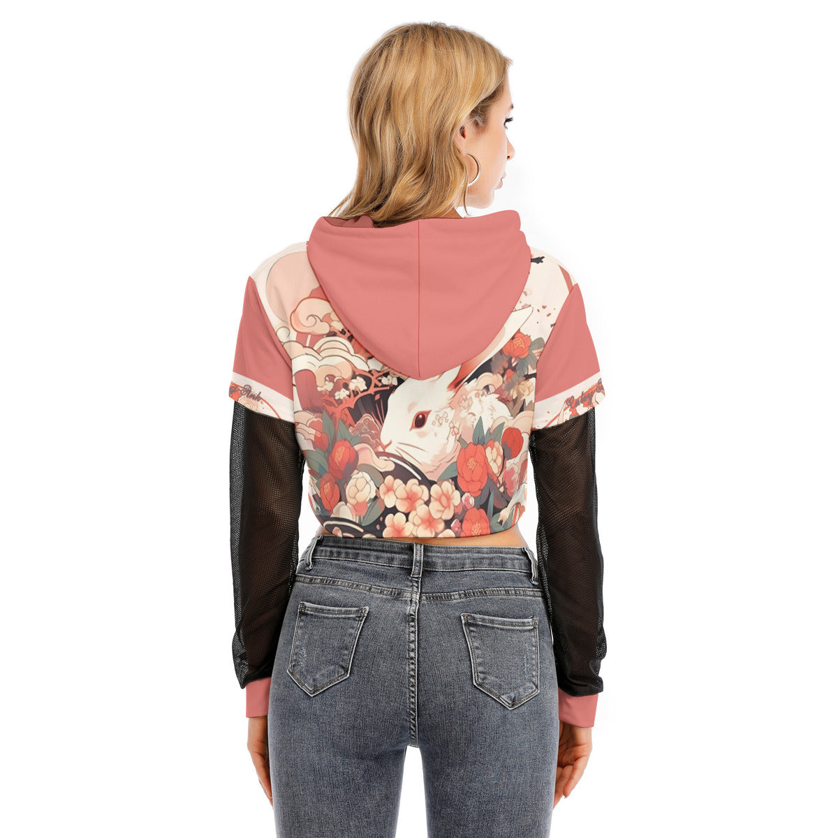 All-Over Print Women's Fake Two-piece Mesh Sleeve Cropped Hoodie